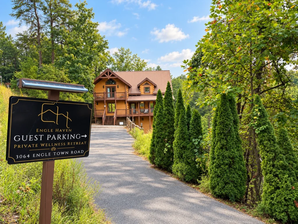 The guest-parking sign beside the paved approach to Engle Haven.