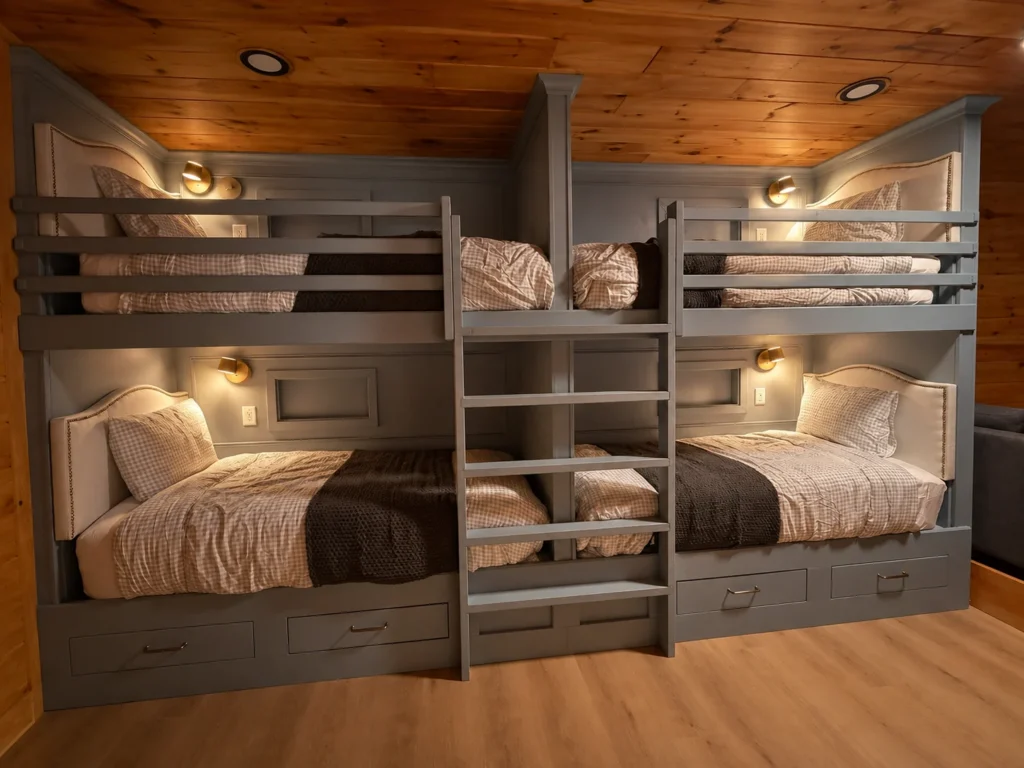 Four Twin XL bunks with individual lights, bedside cubbies and storage drawers.