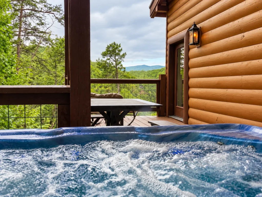 The bubbling hot tub on the covered deck, with wooded mountains beyond.