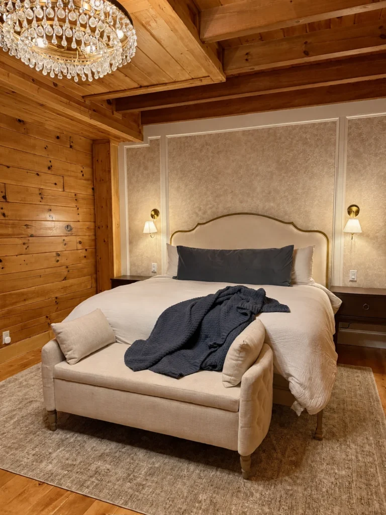 An upholstered king bed, loveseat and crystal chandelier in a timber-lined bedroom.