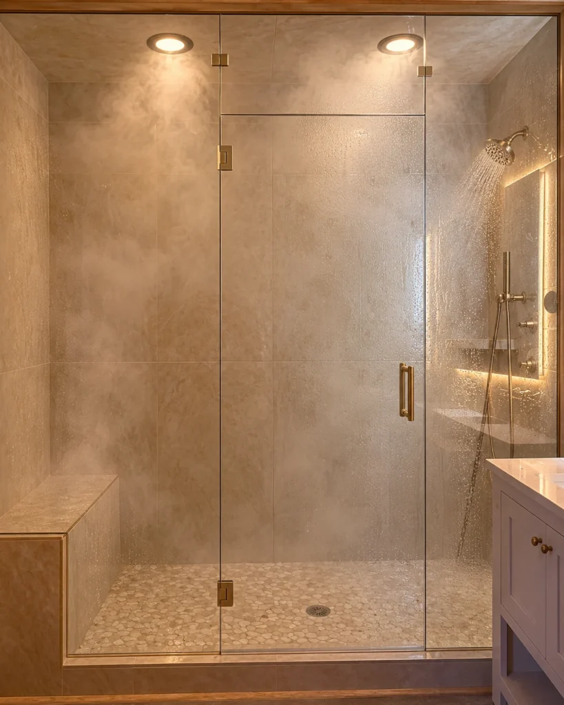A glass-enclosed tile shower with steam drifting through the space.