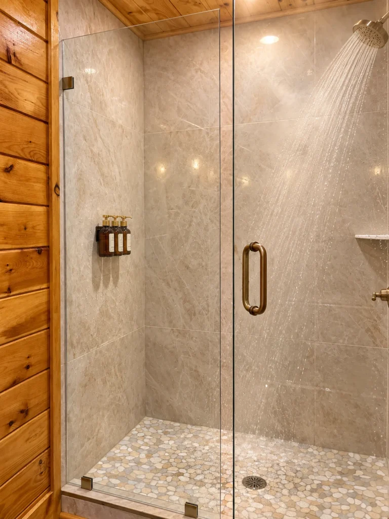 A glass-enclosed tile shower with running water and wall-mounted bath essentials.