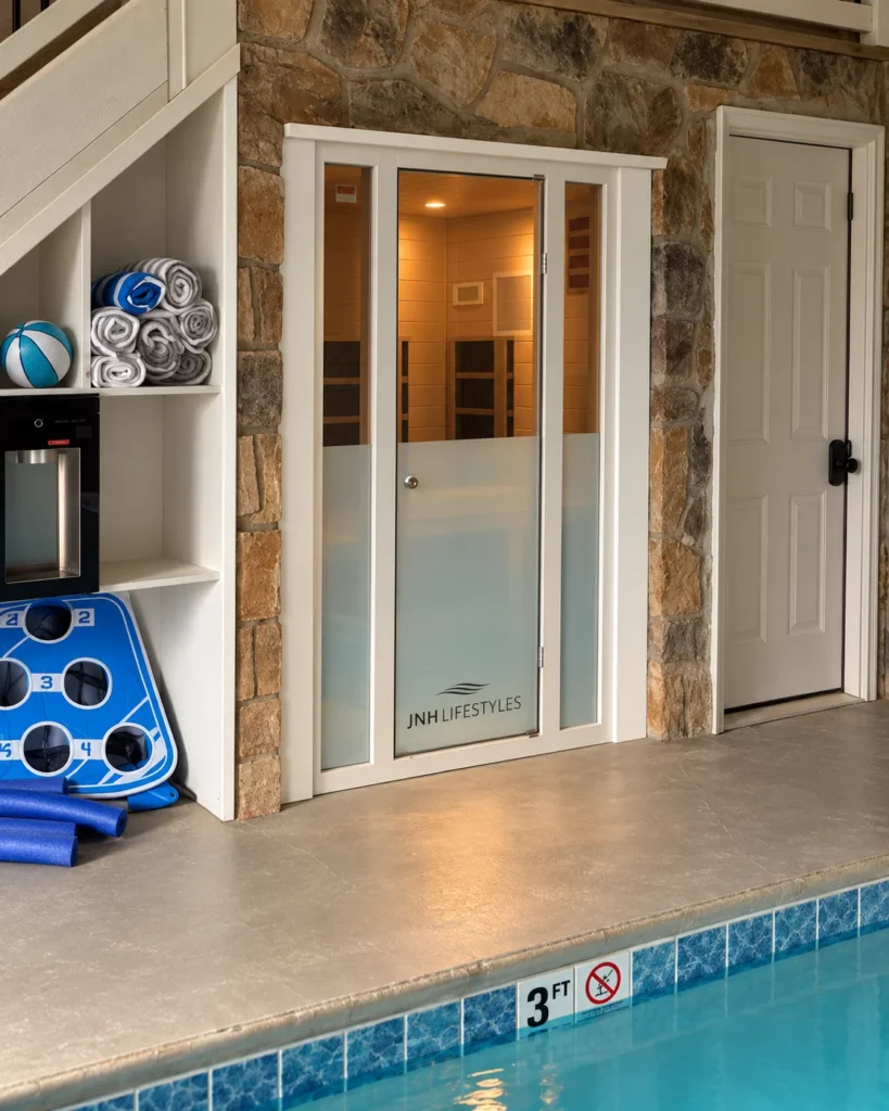 The glass-front sauna beside the pool, with towels and pool games nearby.