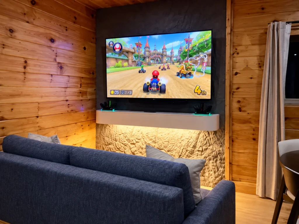 A Nintendo Switch game on the TV above the entertainment-room seating.