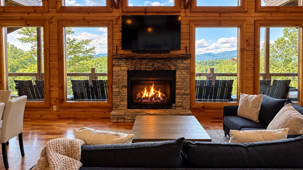 Great-room seating faces the stone fireplace and mountain-view windows.