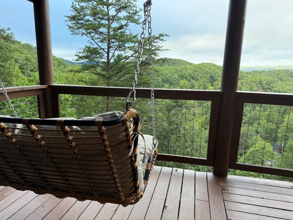The hanging loveseat faces the trees and distant wooded mountains.