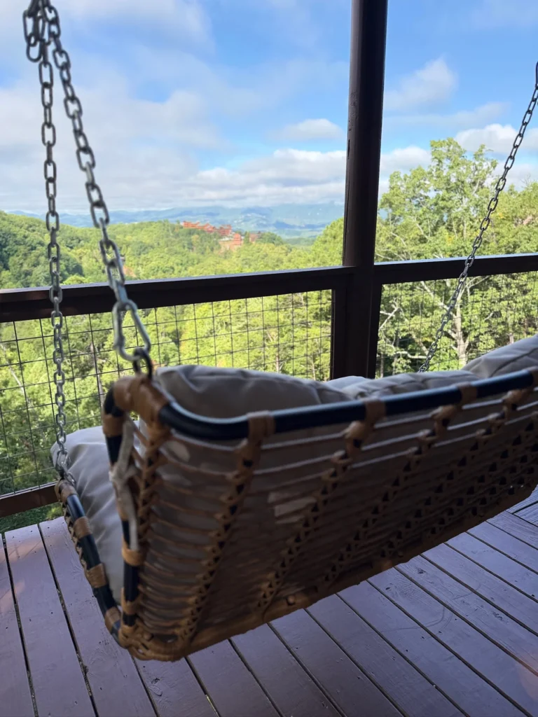 A rattan hanging seat on the covered deck facing wooded mountains.