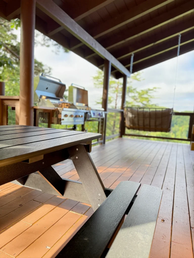 The picnic table on the covered deck beside the grill, griddle and hanging seat.