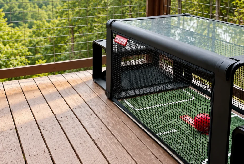 Subsoccer table on the wooden deck, with a glass top, goal net and red ball.
