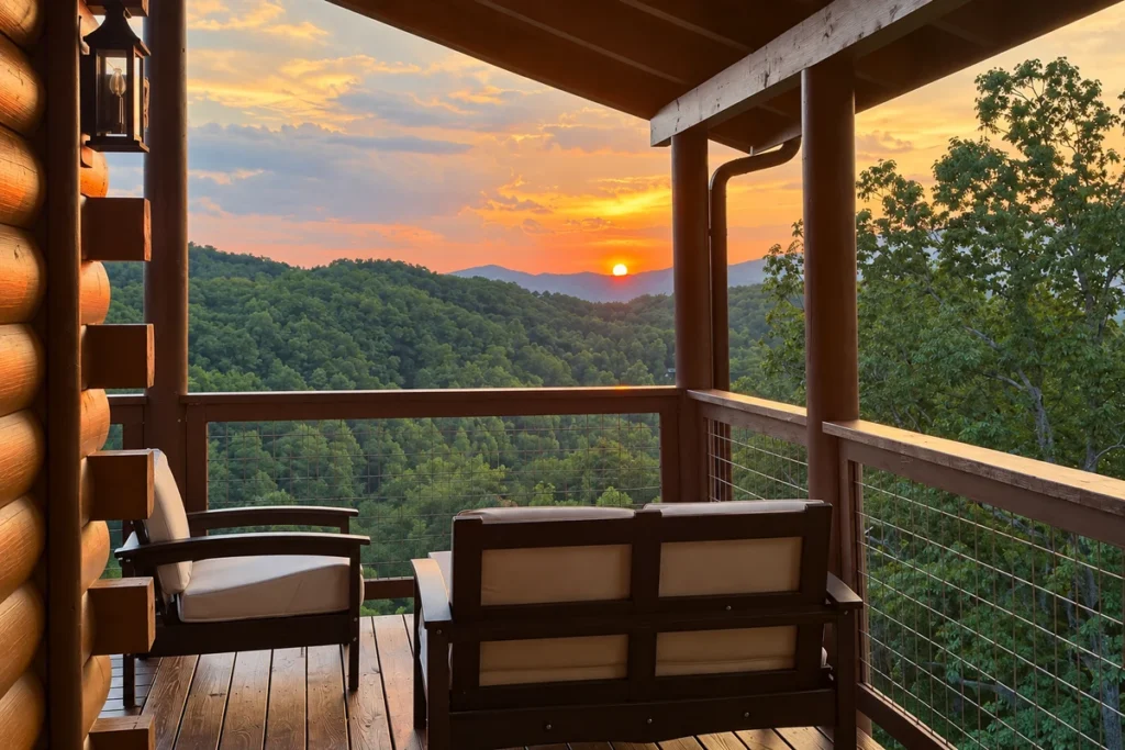 Sunrise over wooded mountains, seen from the covered deck with cushioned chairs.