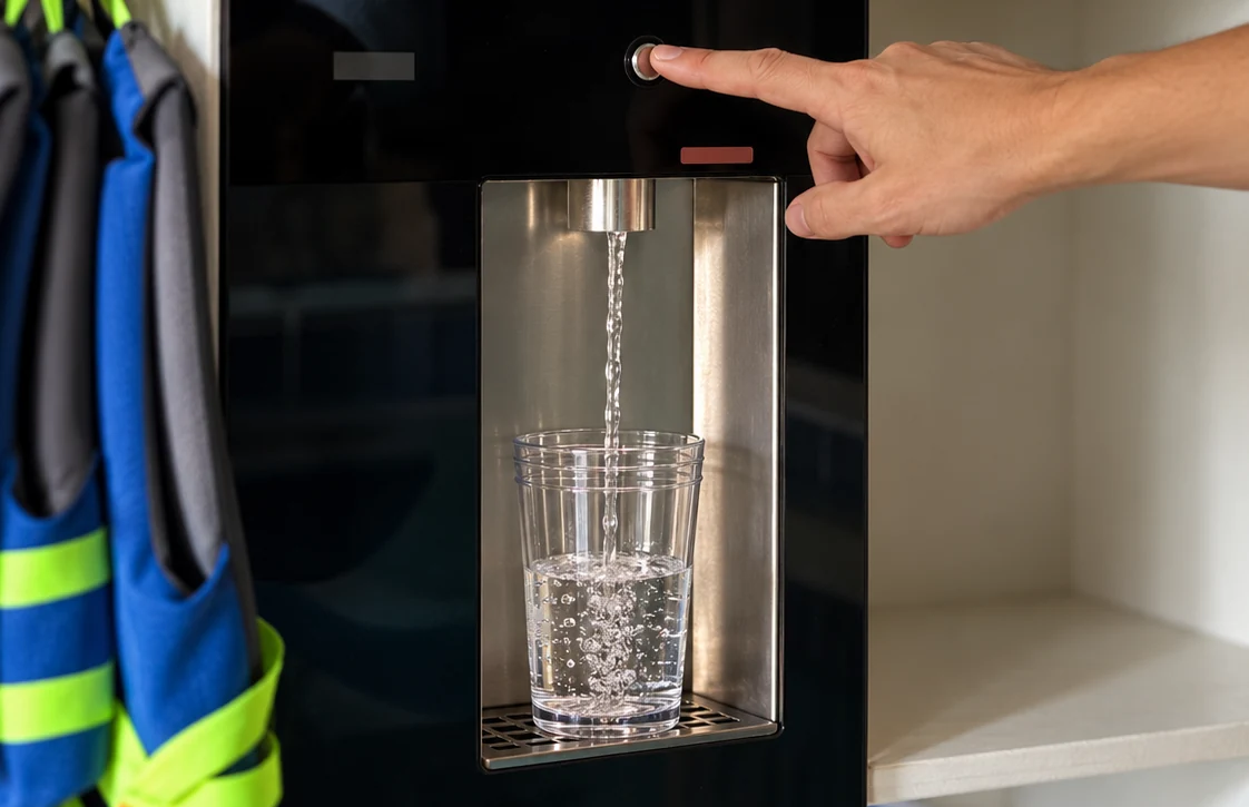 A hand presses the water dispenser button as a clear cup fills below.
