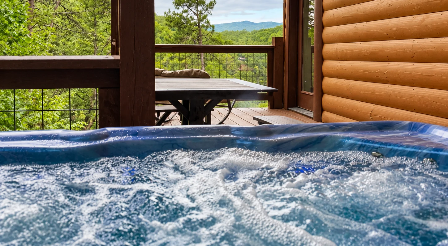 Bubbling hot tub on the covered log-cabin deck overlooking wooded mountains.