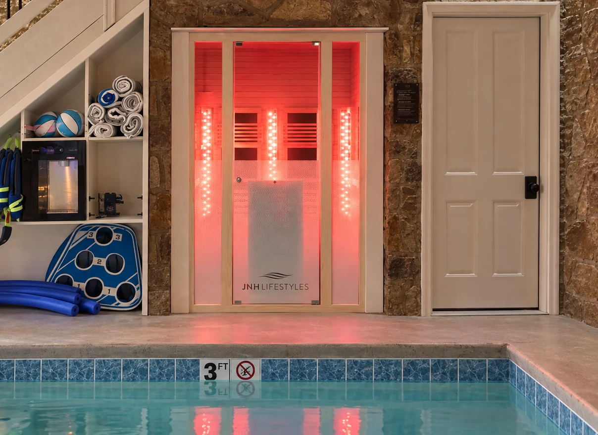 Red lights illuminate the sauna behind its glass door beside the indoor pool.