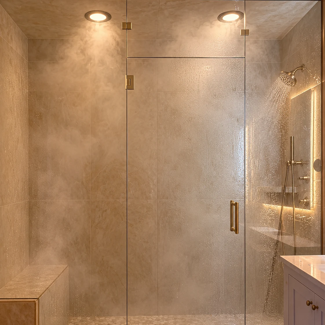 Warm ceiling lights illuminate mist and running water in the glass-enclosed steam shower, with its built-in bench visible.