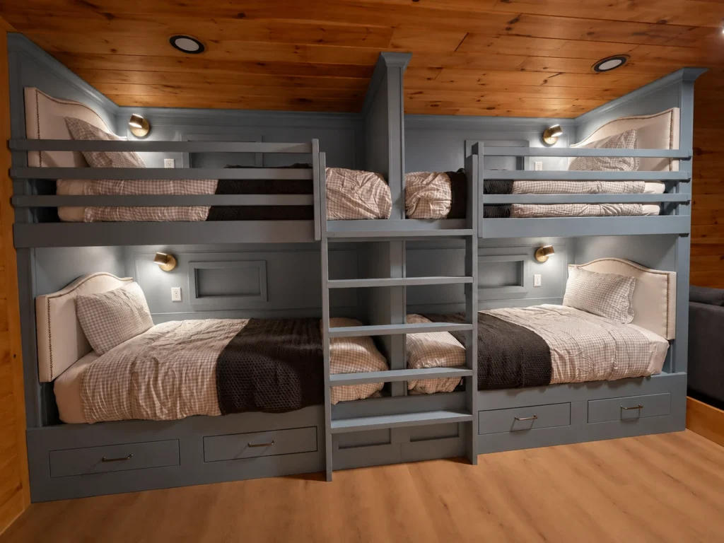 Four gray built-in bunks with a central ladder, individual reading lights, checked bedding and storage drawers in The Nest.