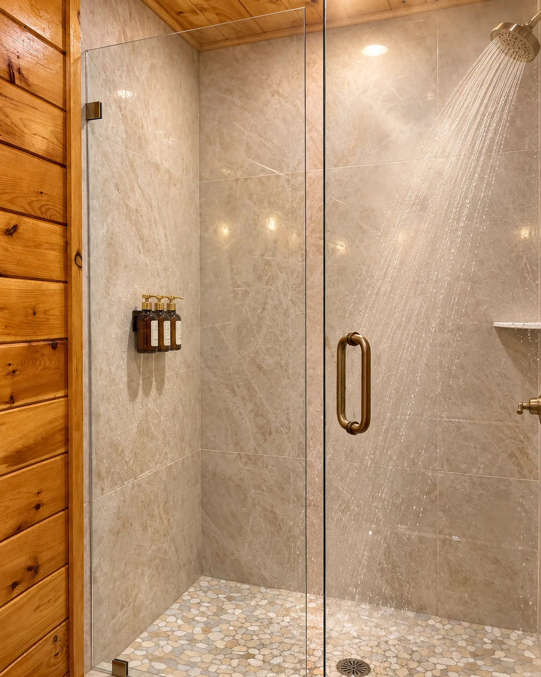 Running water in a glass-enclosed shower with tiled walls, gold fixtures and a pebble-tile floor.