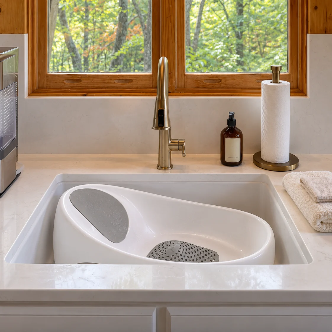 A white baby bath seat set inside a large sink beneath a window overlooking trees.