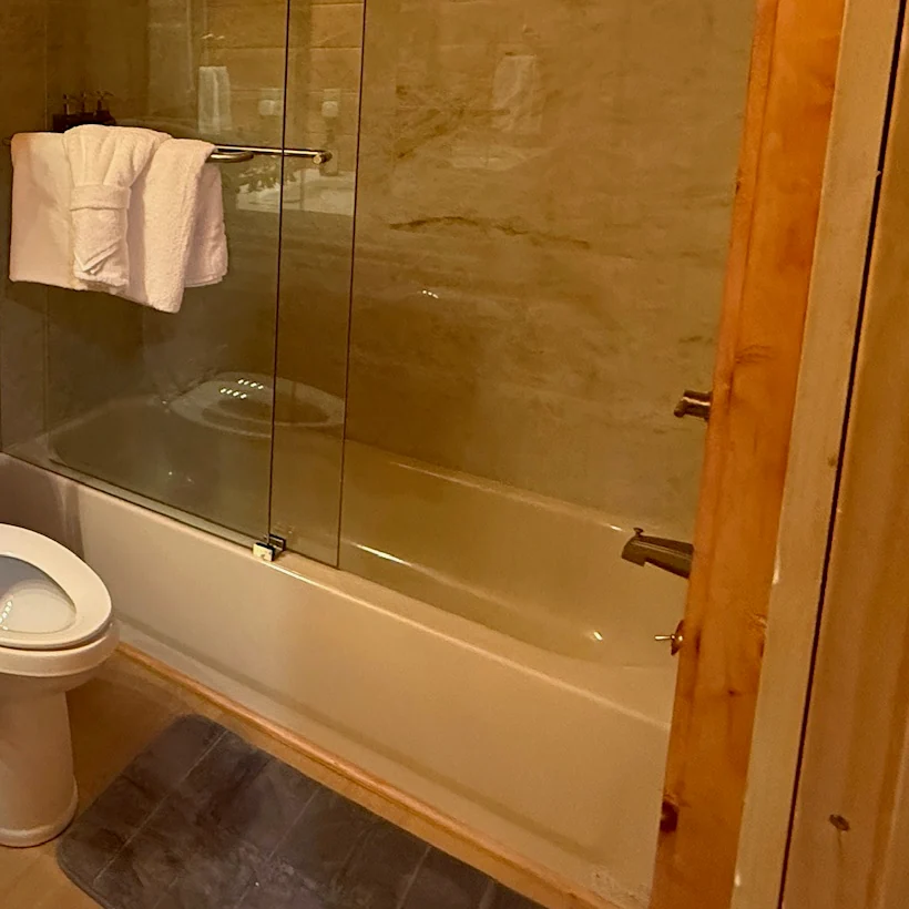 Bathtub with sliding glass shower doors in a wood-paneled bathroom.
