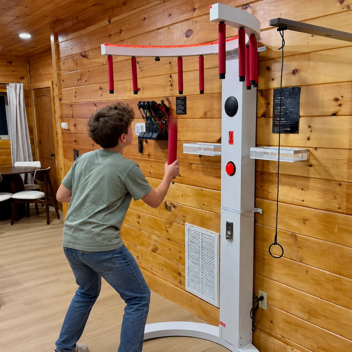 A player reaching for a red stick on the drop-stick reaction game.
