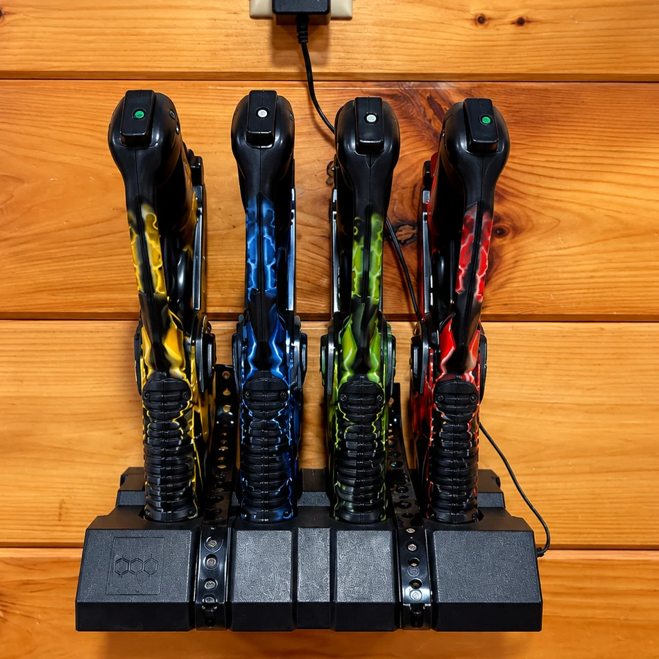 Four color-coded laser-tag blasters lined up in their charging bases.