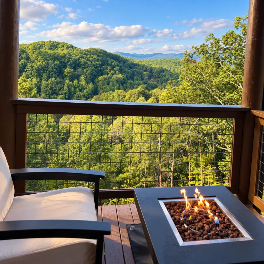 Flames rise from a square fire table beside a cushioned deck chair and wooded hillside.
