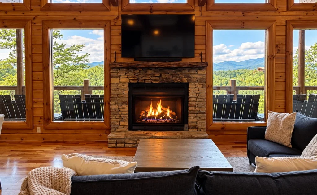 Lit stone fireplace between tall mountain-view windows, with sofas and a coffee table.